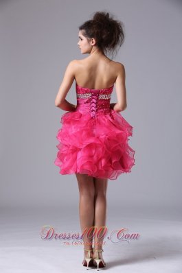 Sweetheart Mini-length Organza Beading Hot Pink Cocktail Dress