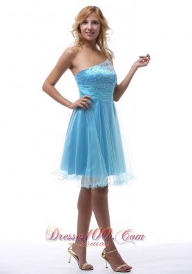 Beading One Shoulder Homecoming Knee-length Aqua Blue