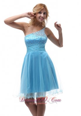 Beading One Shoulder Homecoming Knee-length Aqua Blue