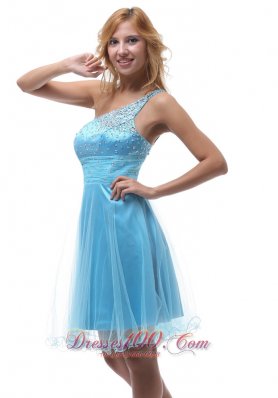 Beading One Shoulder Homecoming Knee-length Aqua Blue