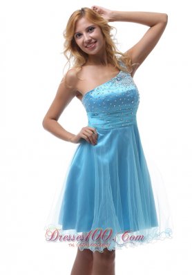 Beading One Shoulder Homecoming Knee-length Aqua Blue