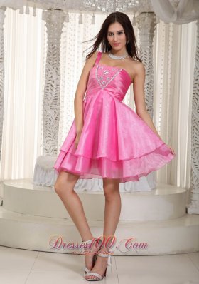 One Shoulder Beading Prom Dress Rose Pink