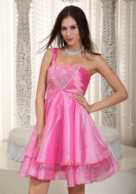 One Shoulder Beading Prom Dress Rose Pink