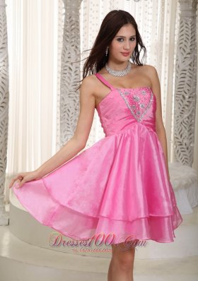 One Shoulder Beading Prom Dress Rose Pink