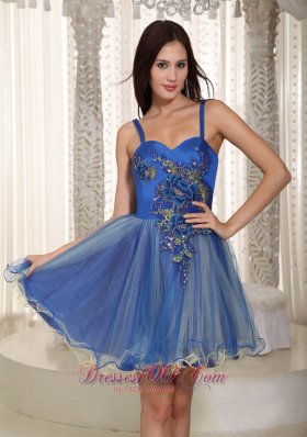 Straps Mini-length Organza Appliques Prom Dress Blue