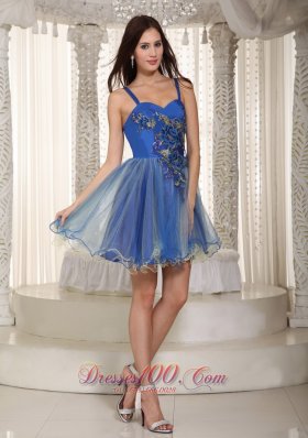 Straps Mini-length Organza Appliques Prom Dress Blue