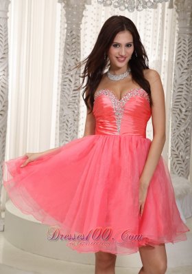 Watermelon Red Strapless Knee-length Beading Prom Dress