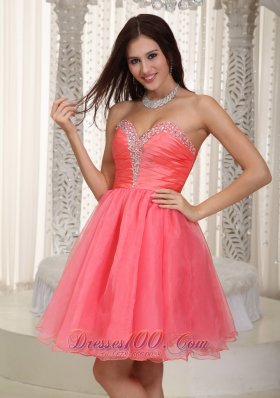 Watermelon Red Strapless Knee-length Beading Prom Dress