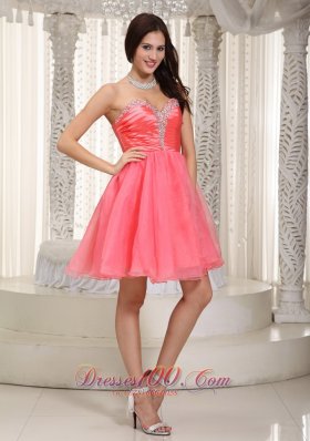 Watermelon Red Strapless Knee-length Beading Prom Dress