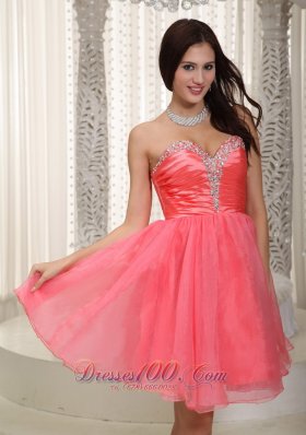 Watermelon Red Strapless Knee-length Beading Prom Dress