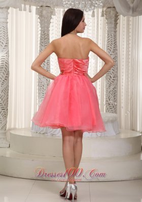 Watermelon Red Strapless Knee-length Beading Prom Dress