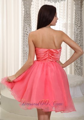 Watermelon Red Strapless Knee-length Beading Prom Dress