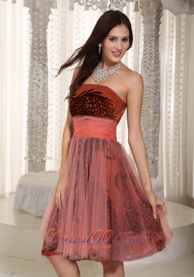 Strapless Printing and Tulle Belt Prom Graduation Dress Rust Red