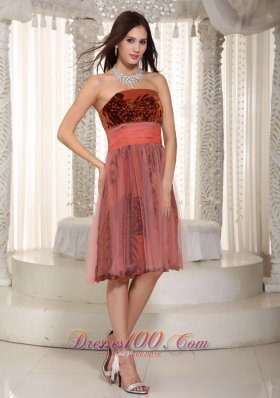 Strapless Printing and Tulle Belt Prom Graduation Dress Rust Red