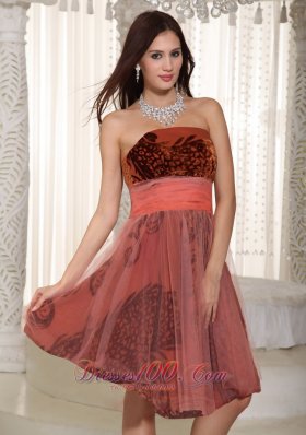 Strapless Printing and Tulle Belt Prom Graduation Dress Rust Red