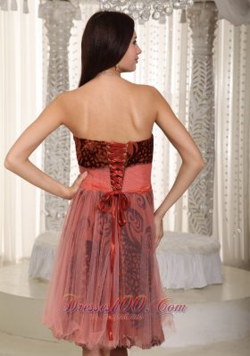 Strapless Printing and Tulle Belt Prom Graduation Dress Rust Red