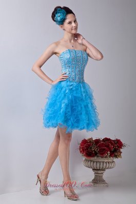 Baby Blue Strapless Homecoming Dress Organza Beading