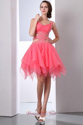 Coral Red Straps Prom Dress Beading