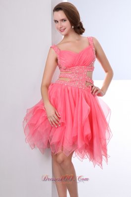 Coral Red Straps Prom Dress Beading