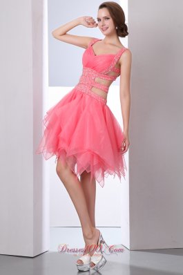 Coral Red Straps Prom Dress Beading