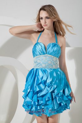 Ruffles Halter Lace Mini-lengrh Prom Dress