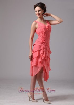 V Neck Ruches Layered Watermelon Prom Homecoming Dress