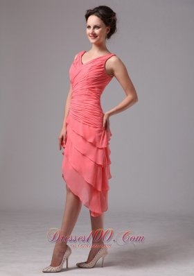 V Neck Ruches Layered Watermelon Prom Homecoming Dress