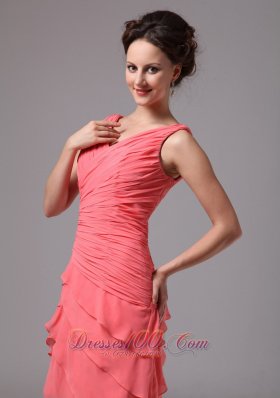 V Neck Ruches Layered Watermelon Prom Homecoming Dress