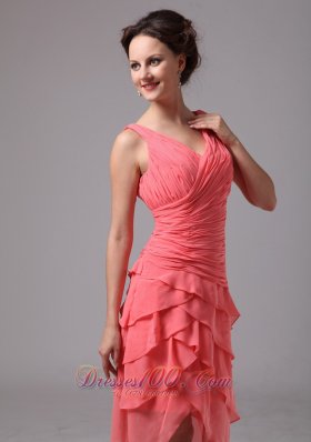 V Neck Ruches Layered Watermelon Prom Homecoming Dress