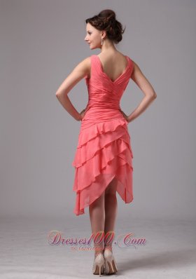 V Neck Ruches Layered Watermelon Prom Homecoming Dress