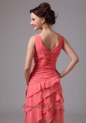 V Neck Ruches Layered Watermelon Prom Homecoming Dress