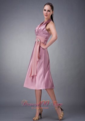 Halter Light Pink Ruches Taffeta Tea Length Prom Dress