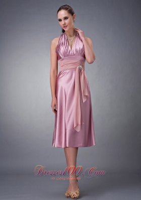 Halter Light Pink Ruches Taffeta Tea Length Prom Dress