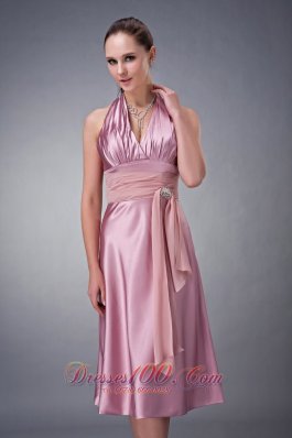 Halter Light Pink Ruches Taffeta Tea Length Prom Dress