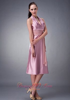 Halter Light Pink Ruches Taffeta Tea Length Prom Dress