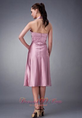 Halter Light Pink Ruches Taffeta Tea Length Prom Dress