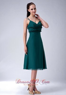 Dark Green Straps Tea Length Bridesmaid Dress