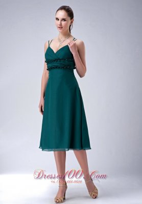 Dark Green Straps Tea Length Bridesmaid Dress