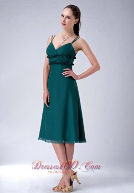 Dark Green Straps Tea Length Bridesmaid Dress