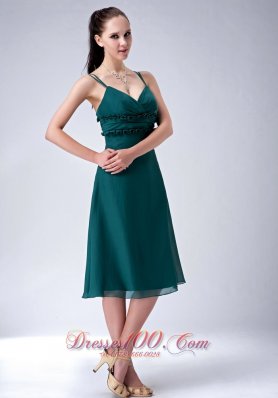 Dark Green Straps Tea Length Bridesmaid Dress