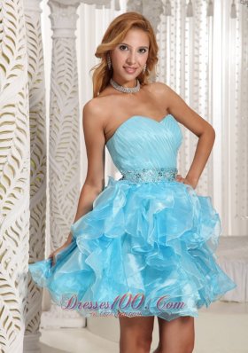 Ruffled Pleated Baby Blue Short Party Holiday Prom Dress