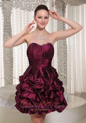 Pleated Ruffles Short Cocktail Graduation Dress Taffeta Burgundy