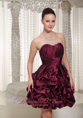 Pleated Ruffles Short Cocktail Graduation Dress Taffeta Burgundy