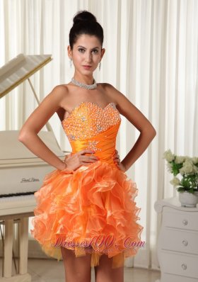 Orange Beading Bust Ruffles Cocktail Dress Mini-length