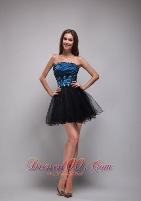 Navy Taffeta and Black Organza Prom Party Dres Mini