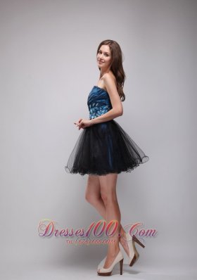 Navy Taffeta and Black Organza Prom Party Dres Mini