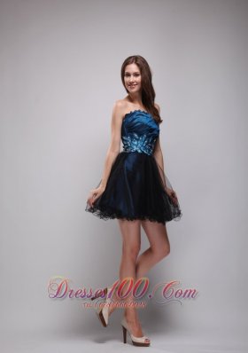 Navy Taffeta and Black Organza Prom Party Dres Mini