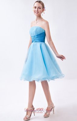 Baby Blue Knee-length Ruch Bridesmaid Dress