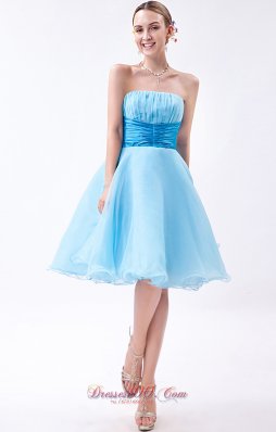 Baby Blue Knee-length Ruch Bridesmaid Dress