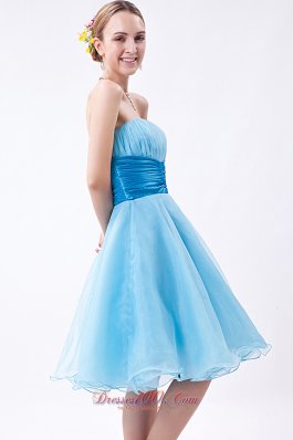 Baby Blue Knee-length Ruch Bridesmaid Dress